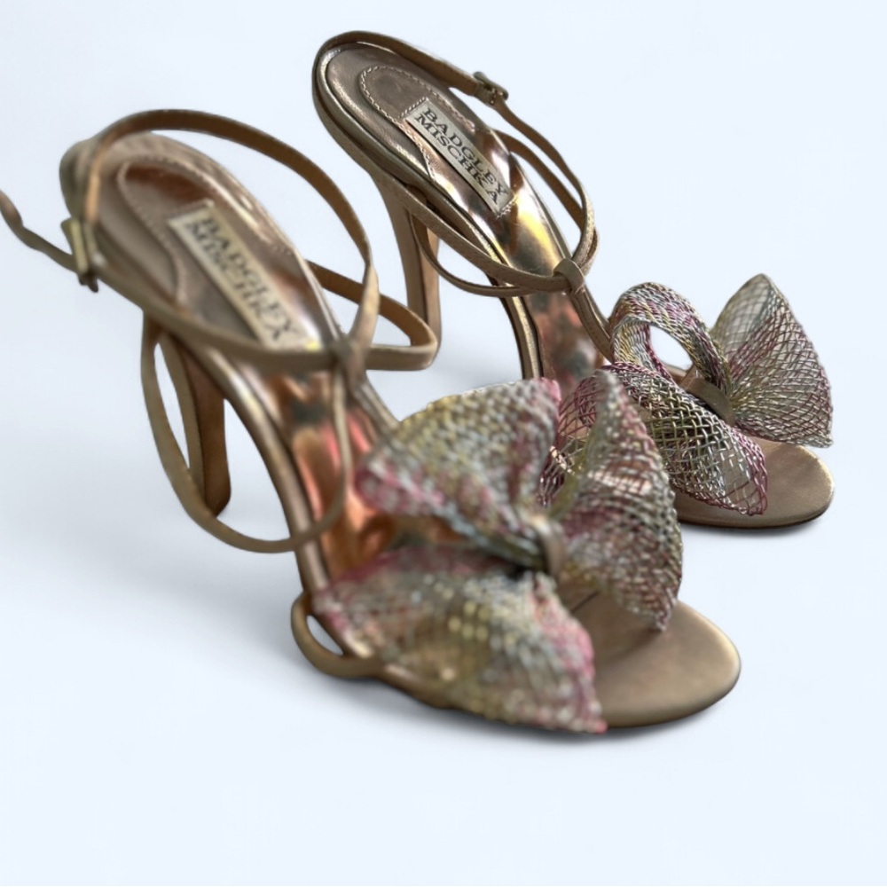 Badgley Mischka Janie mesh 7M Evening Shoe Heels Sandal pink gold Tulle Bow